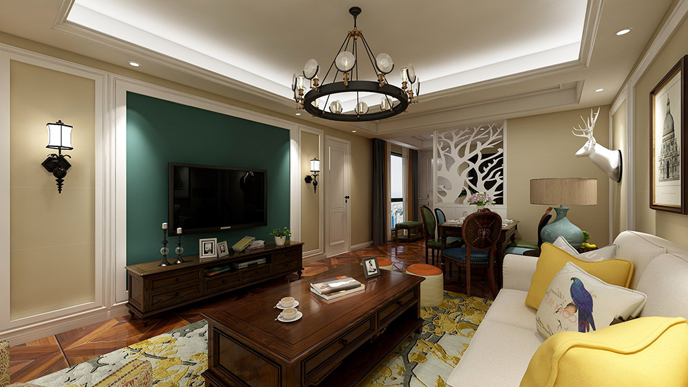 美式乡村风格室内装修效果图-盛景园复式楼280平米-客厅背景墙 美式乡村风格室内装修效果图-盛景园复式楼280平米-客厅背景墙